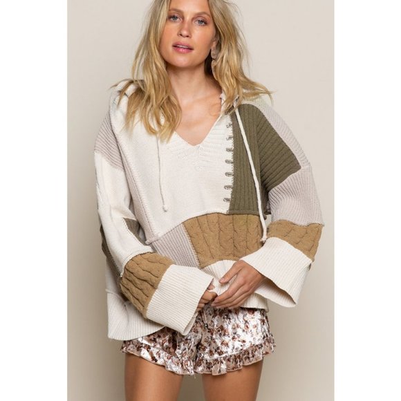 NEW POL Mixed Knit Patch Hoodie Oversized Cozy Soft Color Block Sweater Olive - Picture 5 of 9